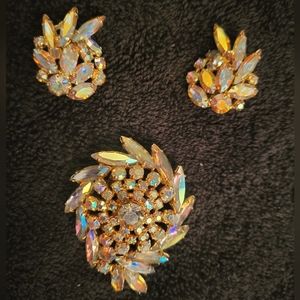Vintage Sherman Aurora Borealis Swarovski Crystal, 2 Clip-on Earrings w/ Brooch